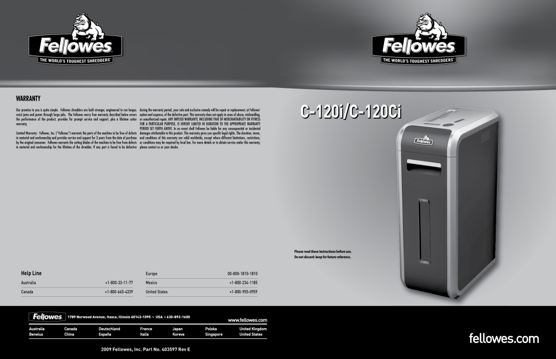 Fellowes c120ci warranty C-120i/C-120Ci, fellowes.com, Warranty, Help Line, Fellowes, Inc. Part No. 403597 Rev E 