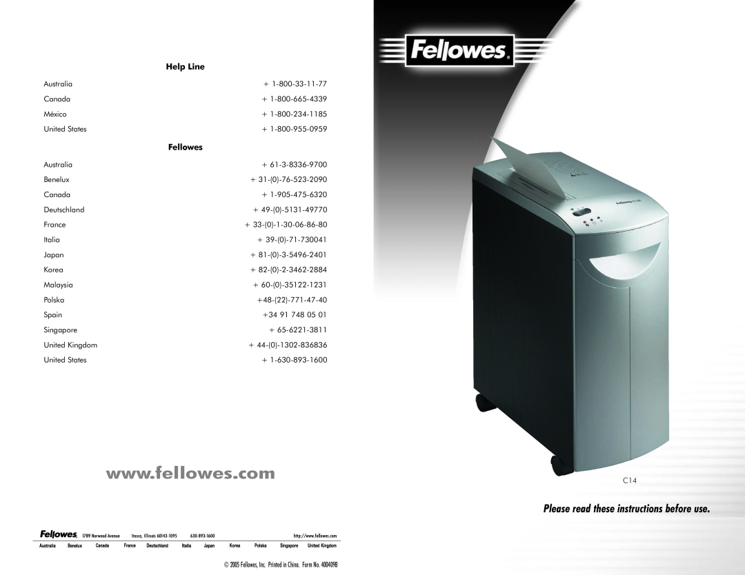 Fellowes C14 manual Help Line, Please read these instructions before use 