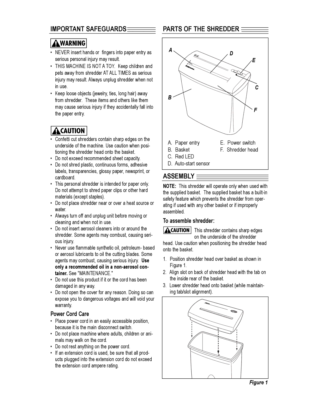 Fellowes CC4-2 manual Important Safeguards, Parts of the Shredder, Assembly, Power Cord Care, To assemble shredder 