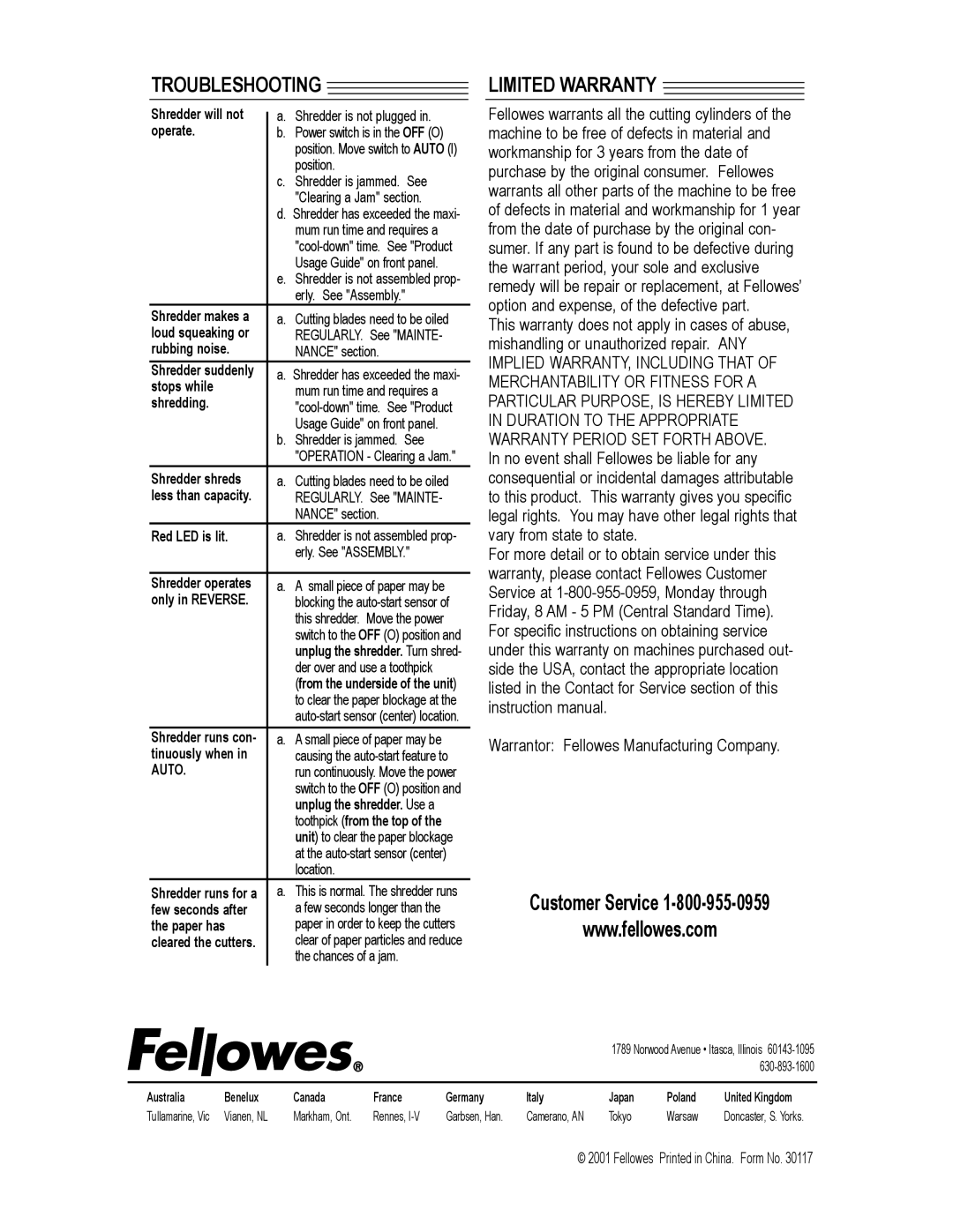 Fellowes CC4-2 manual Troubleshooting Limited Warranty, Warrantor Fellowes Manufacturing Company 