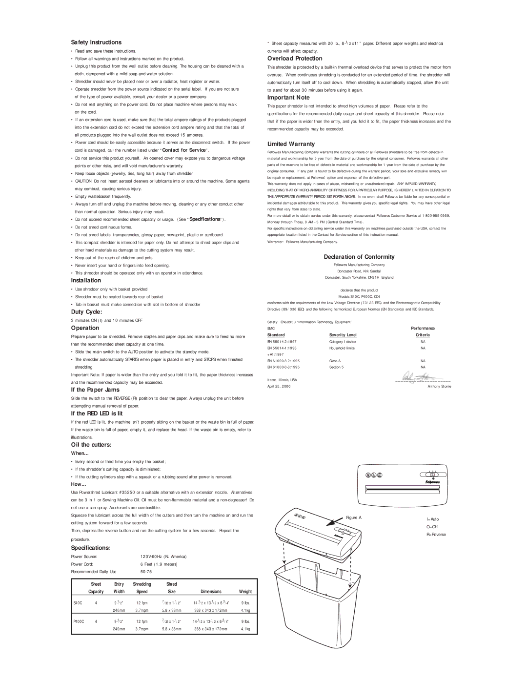 Fellowes CC4 Do not shred continuous forms, Shredding, If the Paper Jams, If the RED LED is lit, Oil the cutters, 50-75 