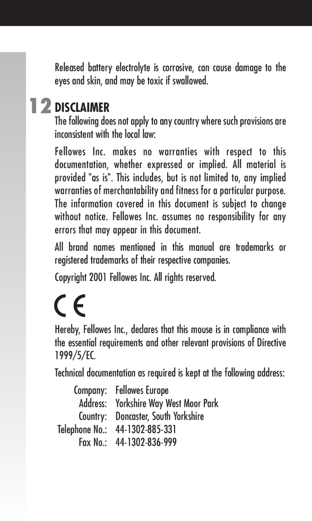 Fellowes Cordless Mouse manual Disclaimer 