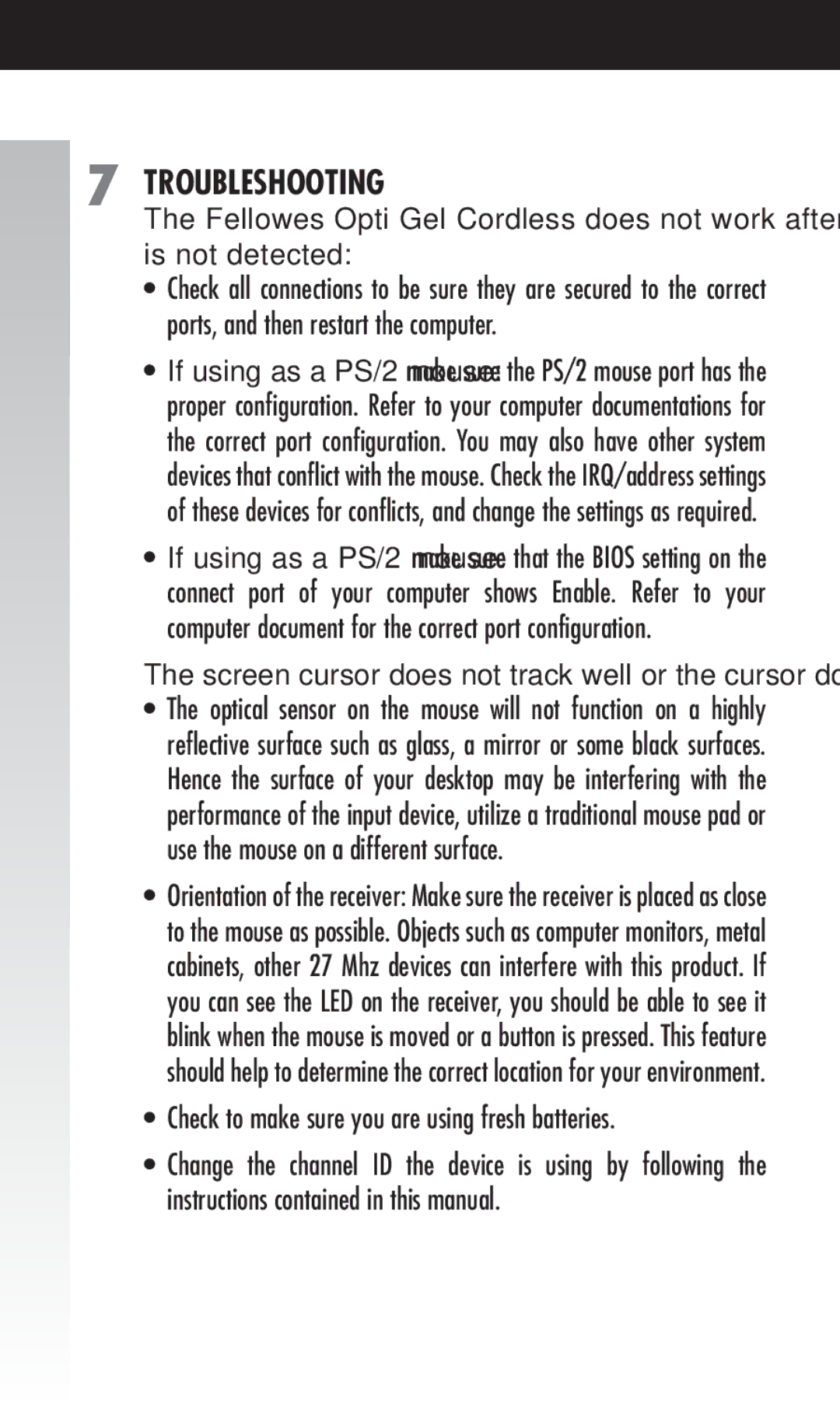 Fellowes Cordless Mouse manual Troubleshooting, Check to make sure you are using fresh batteries 