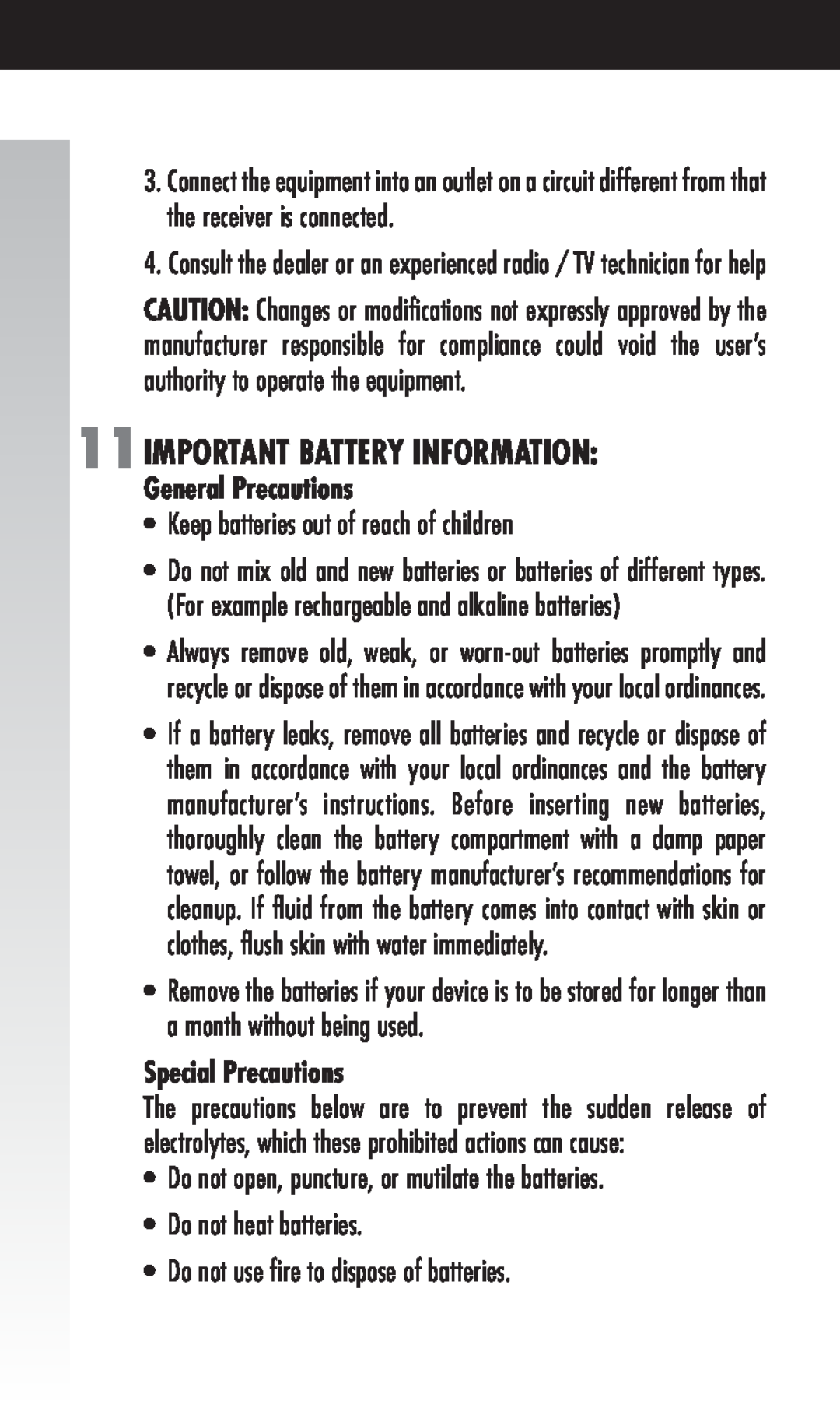 Fellowes Cordless Mouse 11IMPORTANT BATTERY INFORMATION, Keep batteries out of reach of children, General Precautions 