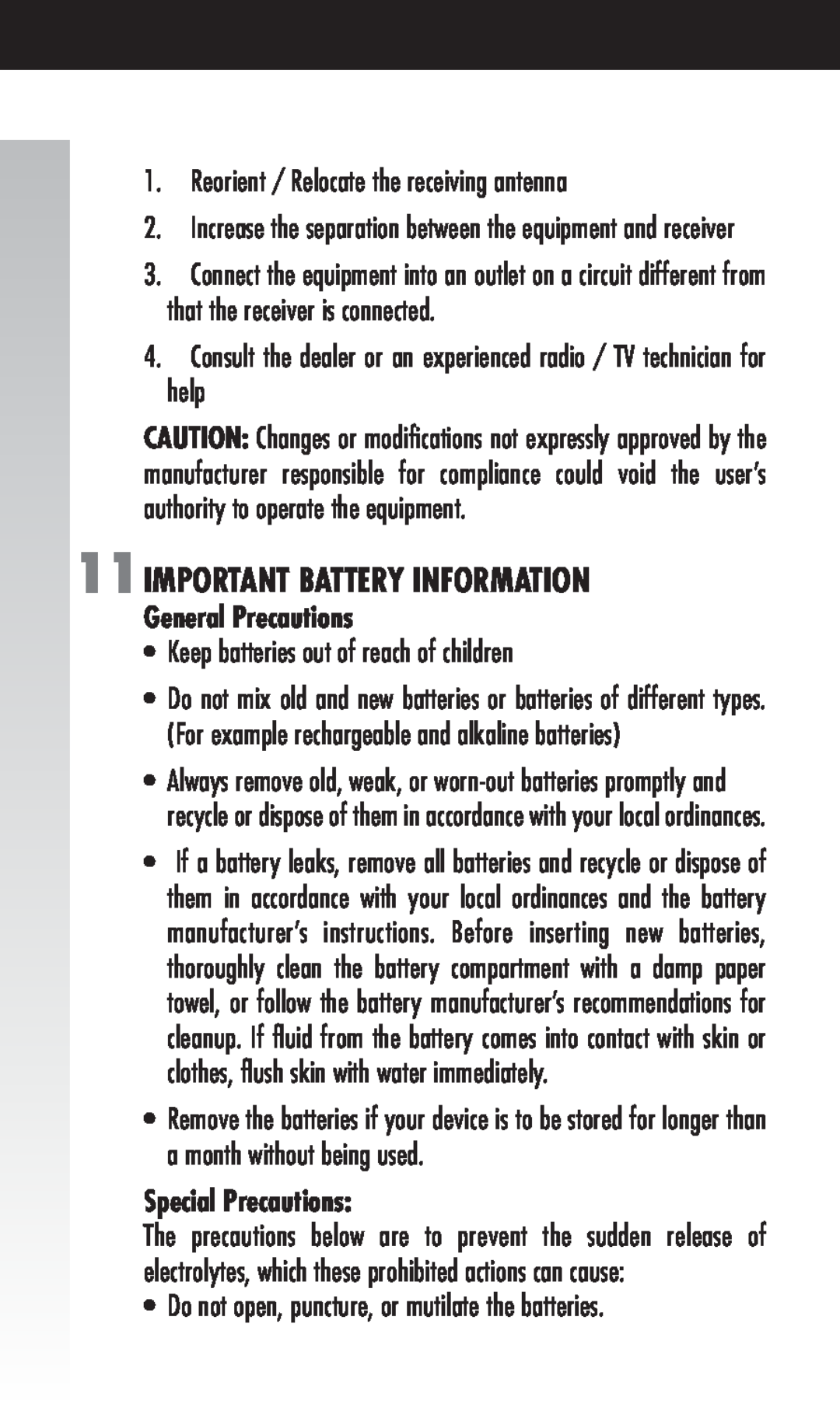 Fellowes Cordless manual 11IMPORTANT BATTERY INFORMATION, Reorient / Relocate the receiving antenna, General Precautions 