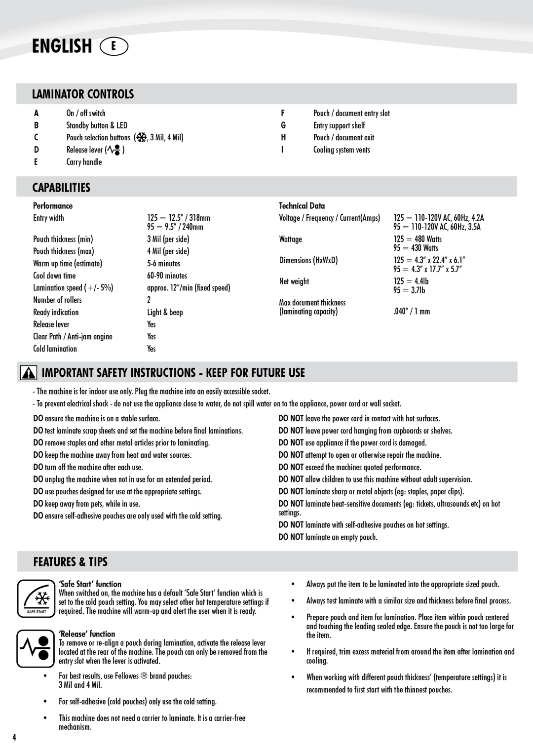 Fellowes Cosmic2 95 Laminator Controls, Capabilities, Important Safety Instructions Keep for Future USE, Features & Tips 