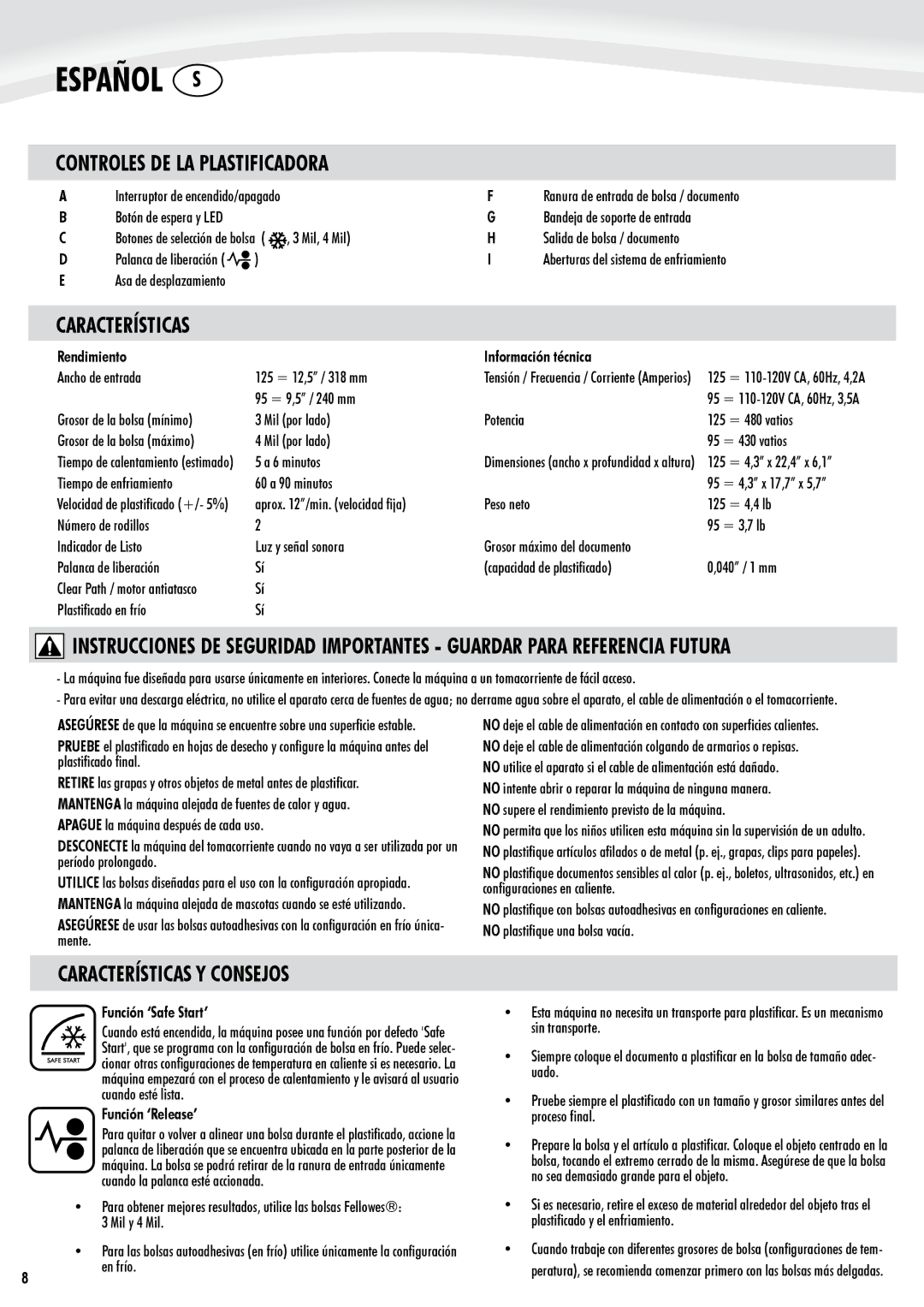 Fellowes Cosmic2 95, Cosmic2 125 manual Controles DE LA Plastificadora, Características Y Consejos 