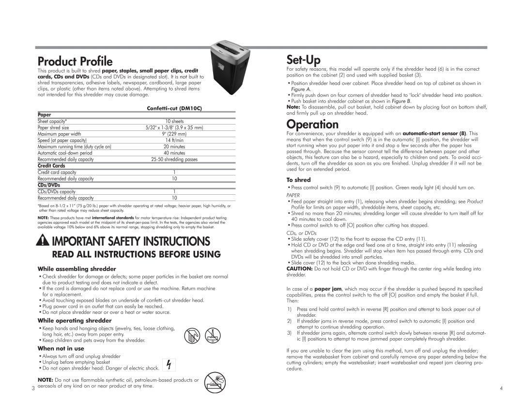Fellowes DM10C Product Profile, Important Safety Instructions, Set-Up, Operation, While assembling shredder, To shred 