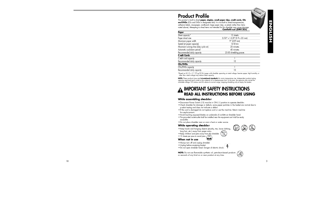 Fellowes DM12CT manual Product Profile, While assembling shredder, While operating shredder, When not in use 