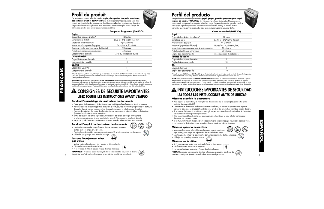 Fellowes DM12CT manual Profil du produit, Perfil del producto 