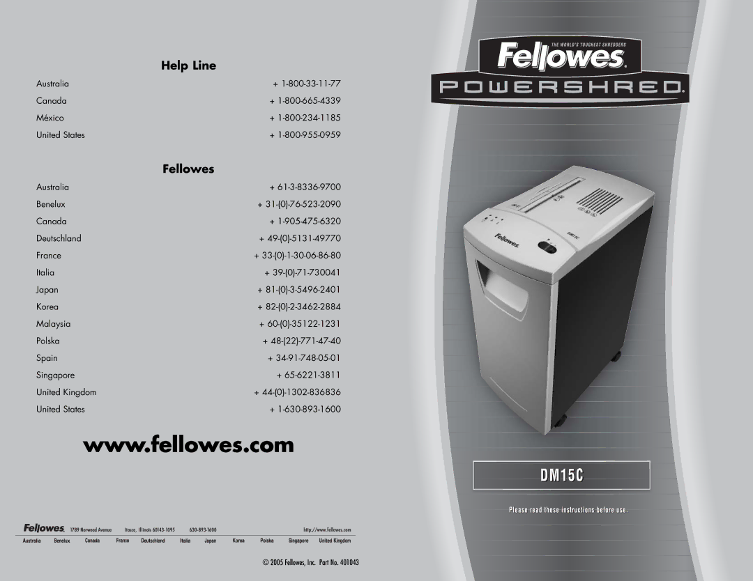 Fellowes DM15C manual Help Line 