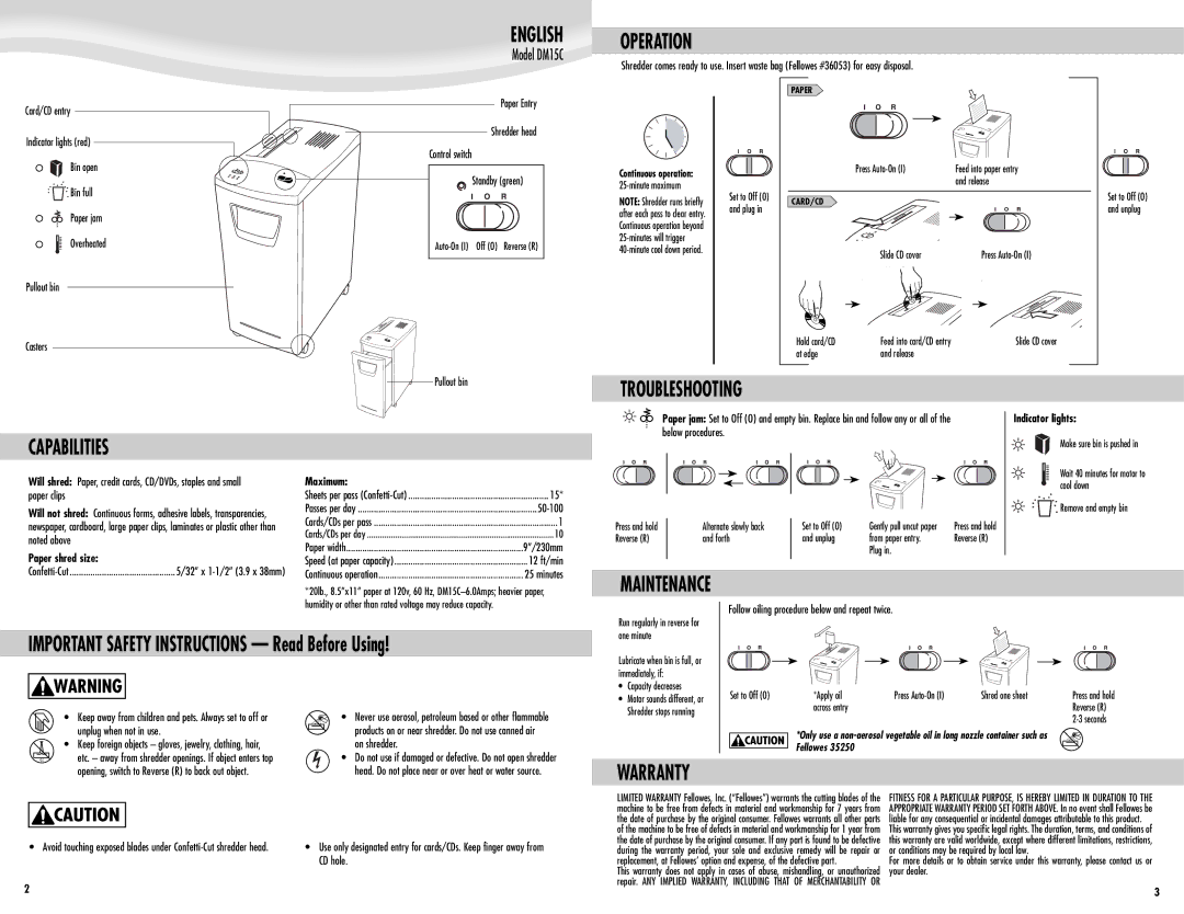 Fellowes DM15C manual English, Operation, Troubleshooting, Capabilities, Maintenance, Warranty 