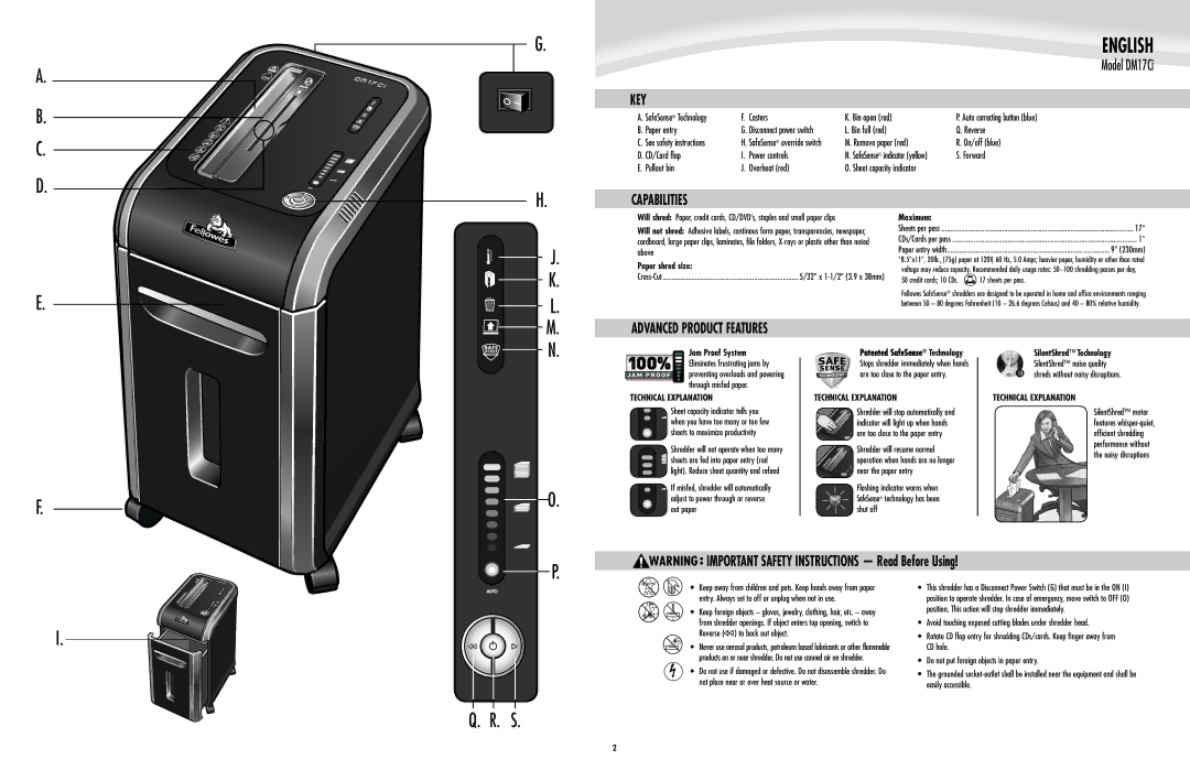 Fellowes DM17Ci manual Key, Capabilities, Advanced Product Features 