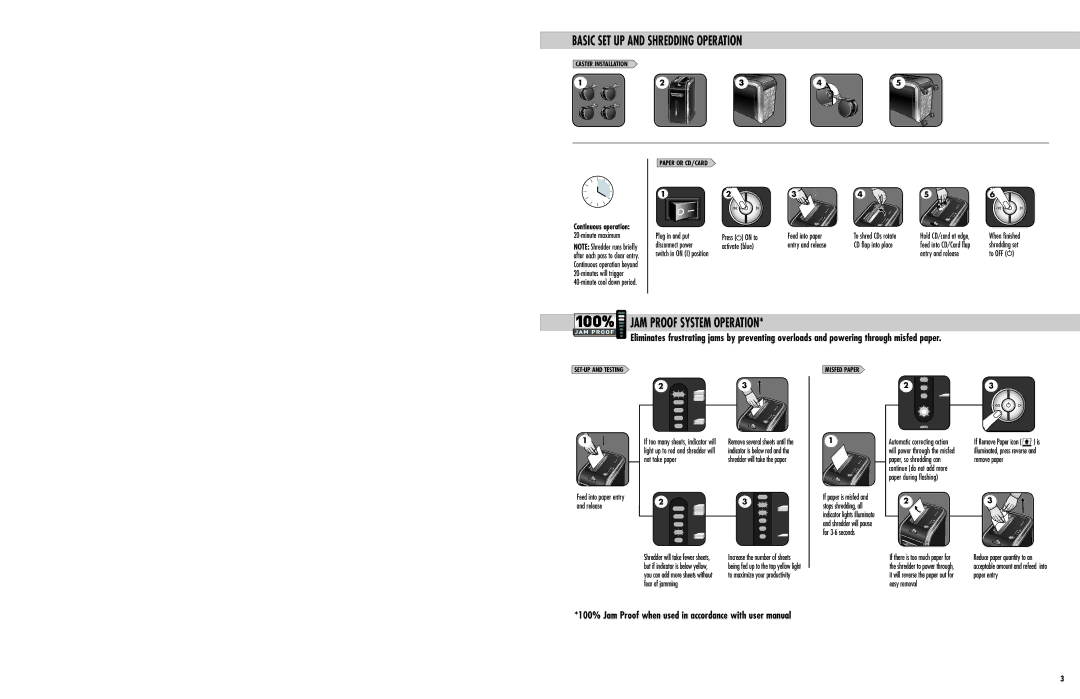 Fellowes DM17Ci manual Basic SET UP and Shredding Operation, JAM Proof System Operation 