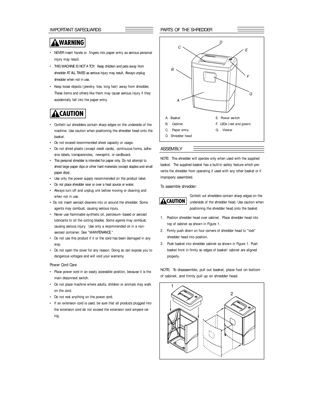 Fellowes DM65C manual Important Safeguards, Parts Of The Shredder, Assembly, Power Cord Care, To assemble shredder, basket 