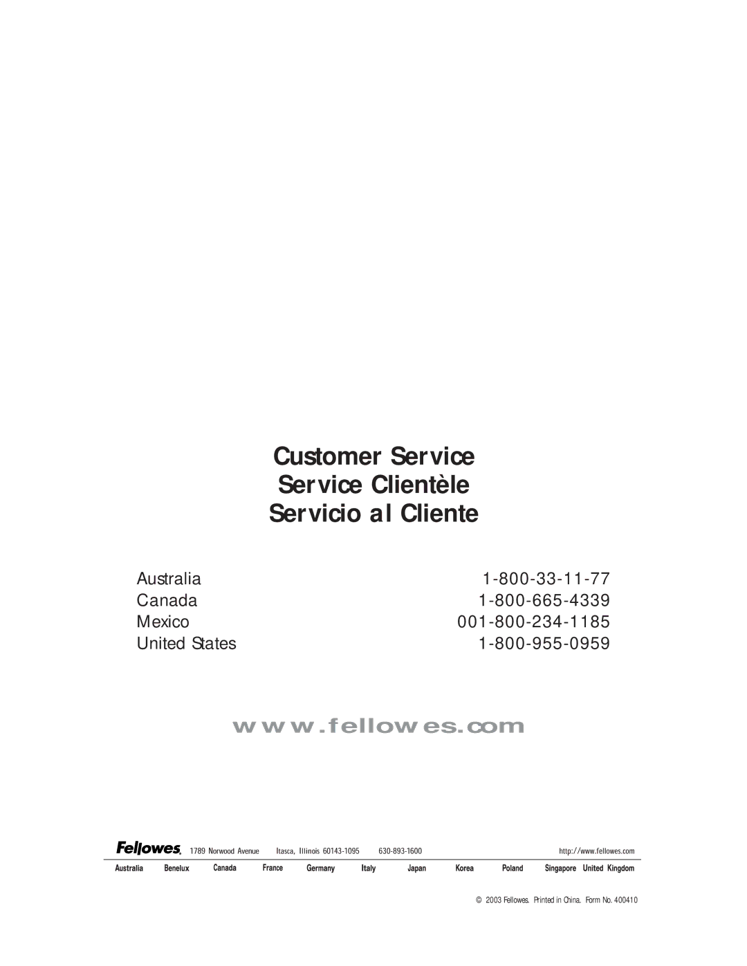 Fellowes DM8C manual Customer Service 