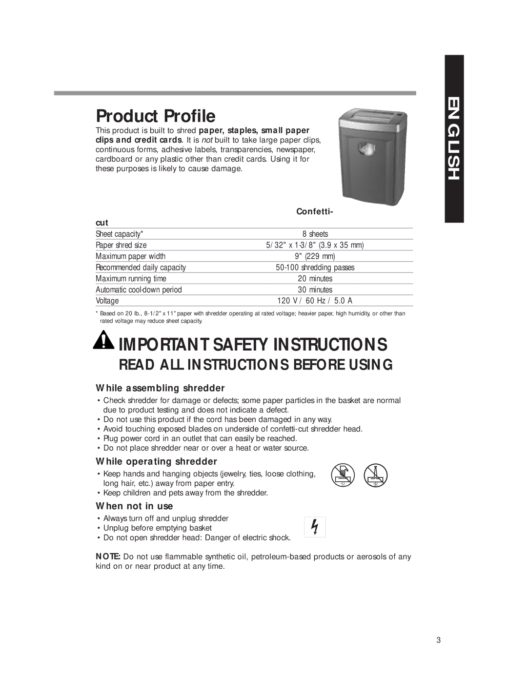 Fellowes DM8C manual Product Profile, While assembling shredder, While operating shredder, When not in use 