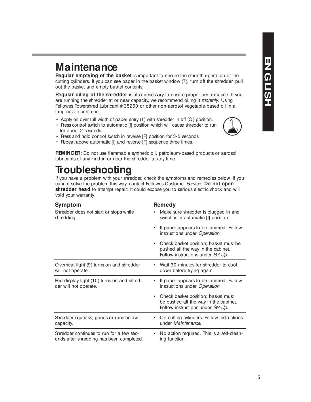 Fellowes DM8C manual Troubleshooting, Symptom Remedy, Under Maintenance 