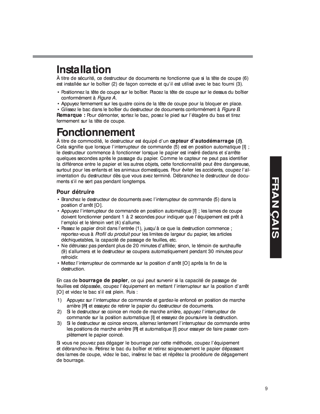 Fellowes DM8C manual Installation, Fonctionnement, Pour détruire, Français 