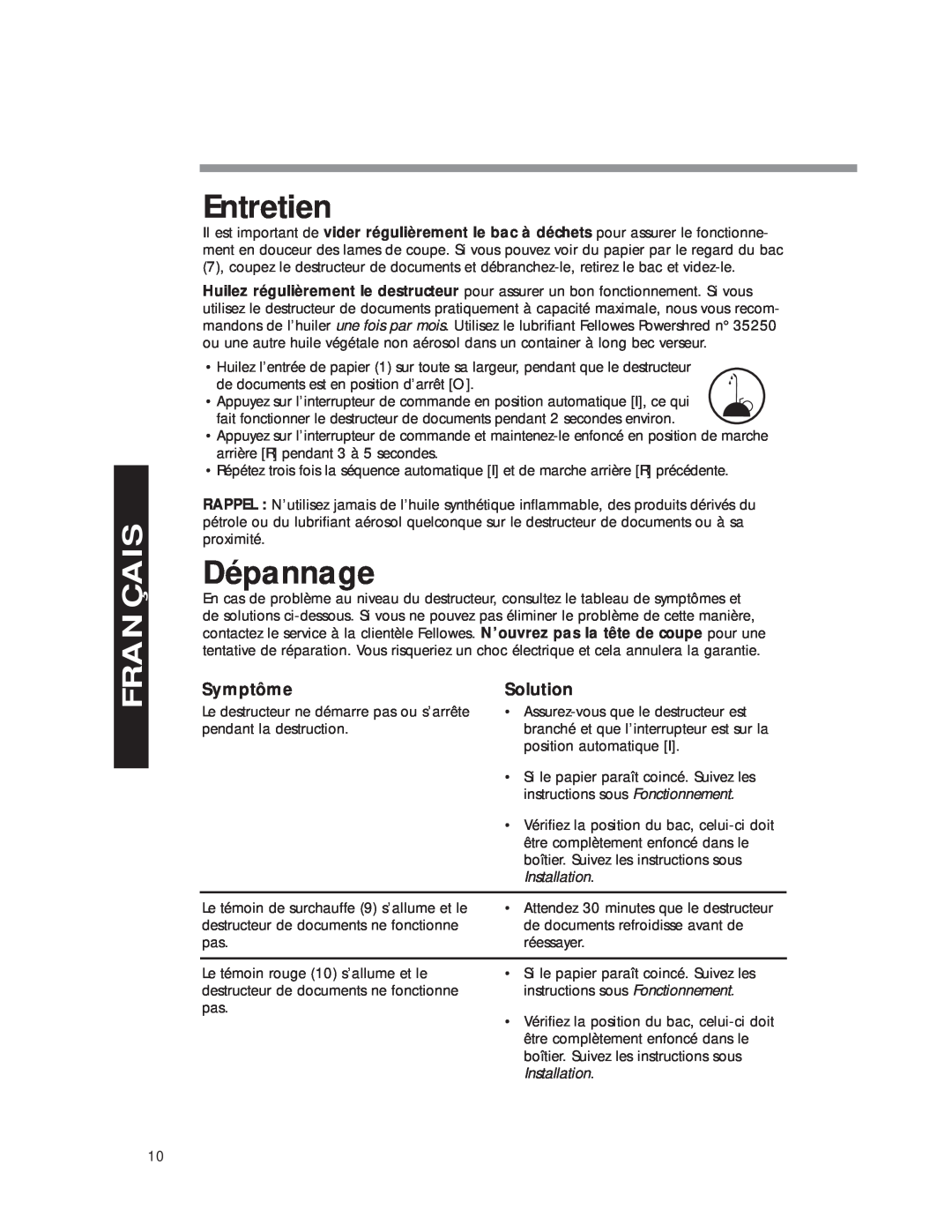 Fellowes DM8C manual Entretien, Dépannage, Symptôme, Solution, Installation, Français 