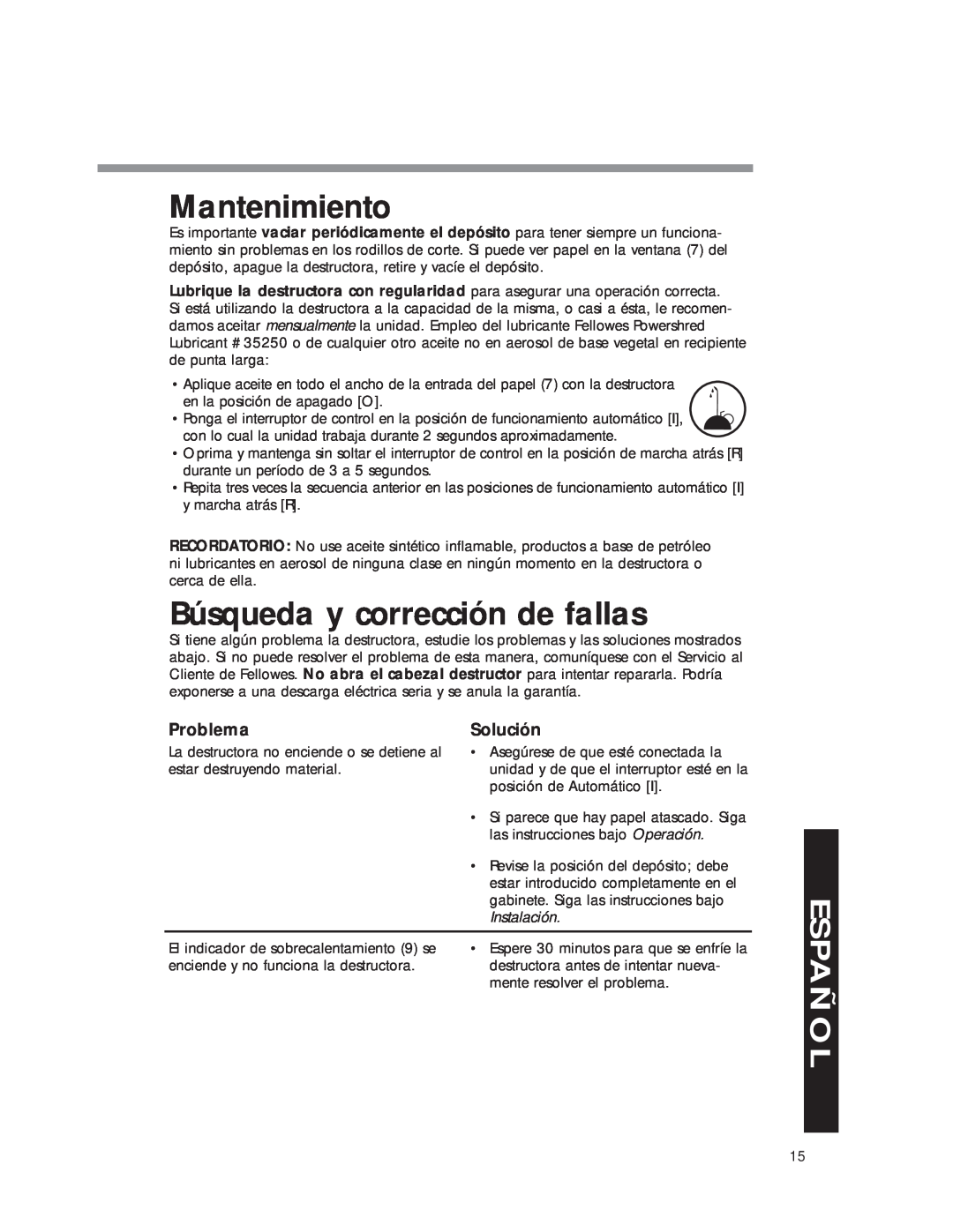 Fellowes DM8C manual Mantenimiento, Búsqueda y corrección de fallas, Problema, Solución, Instalación, Español 