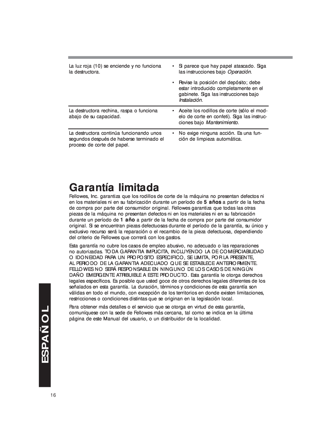 Fellowes DM8C manual Garantía limitada, Español 