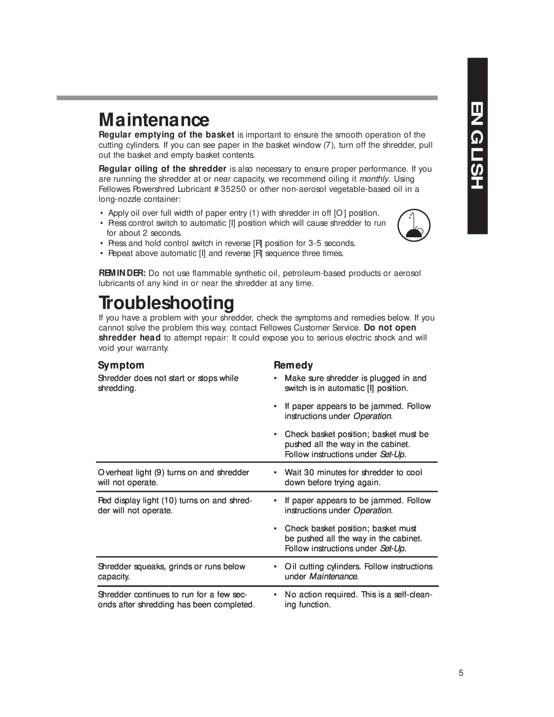 Fellowes DM8C manual Troubleshooting, Symptom, Remedy, under Maintenance, English 