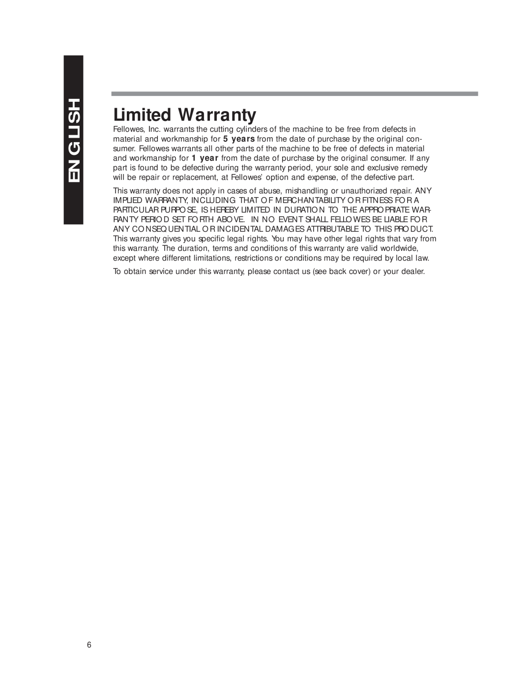 Fellowes DM8C manual Limited Warranty, English 
