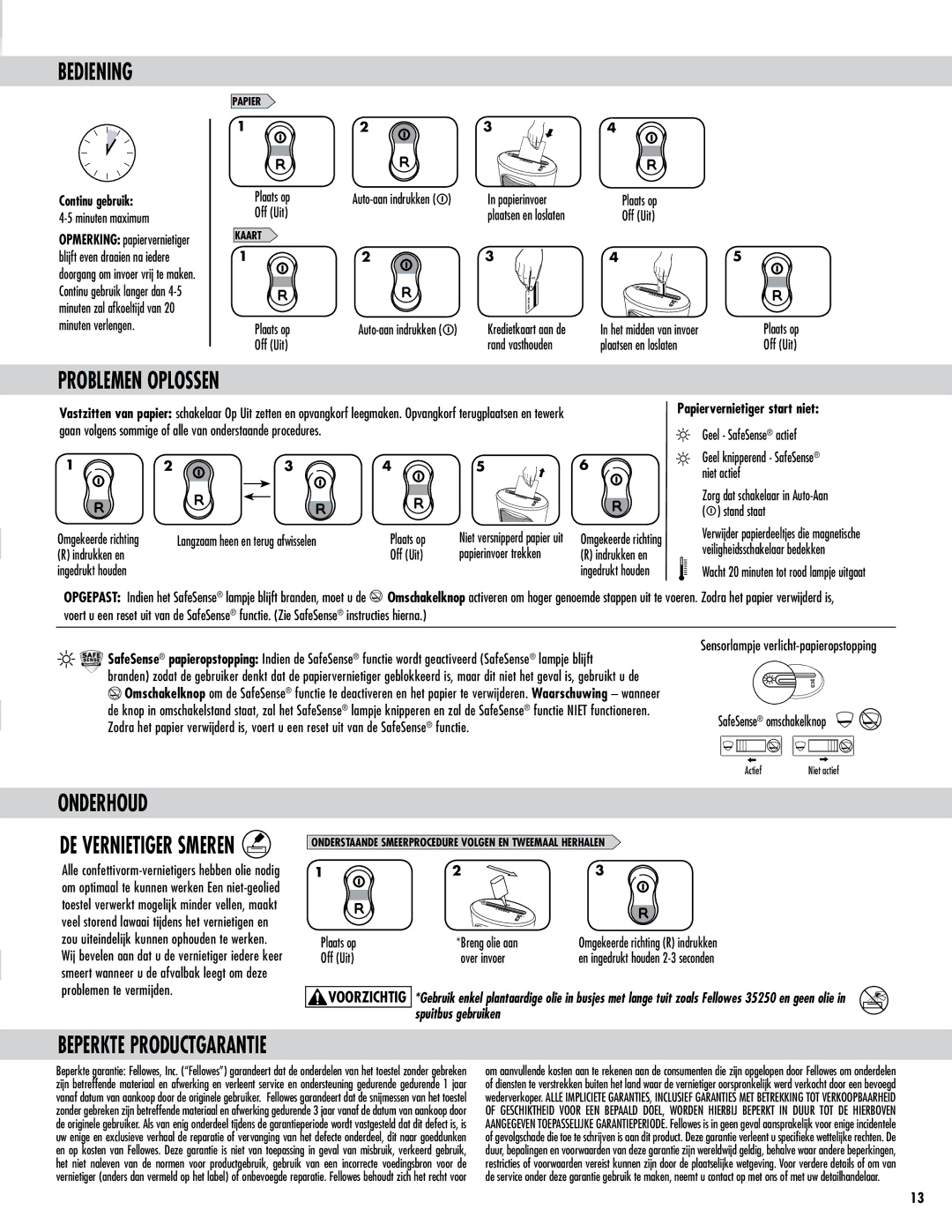 Fellowes DS-1 manual Bediening, Problemen Oplossen, Onderhoud, Beperkte Productgarantie 