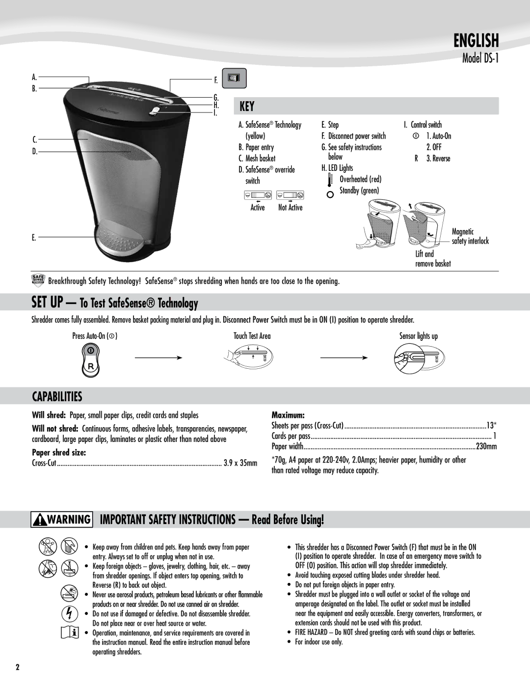 Fellowes DS-1 English, SET UP To Test SafeSense Technology, Capabilities, IMPORTANT SAFETY INSTRUCTIONS Read Before Using 