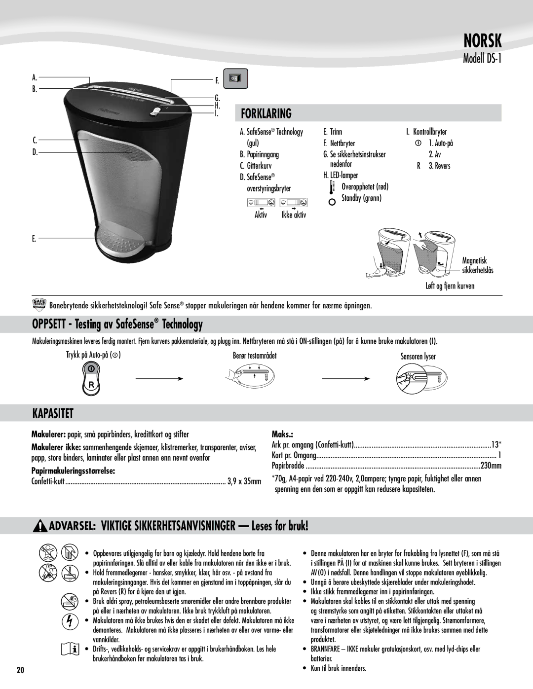 Fellowes DS-1 manual Norsk, Oppsett Testing av SafeSense Technology, Kapasitet, Papirmakuleringsstørrelse, Maks 