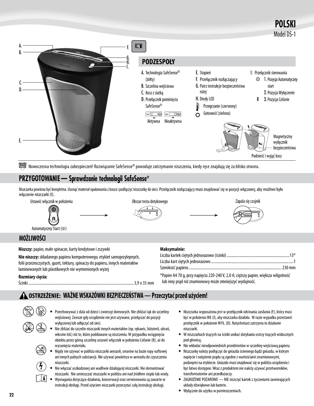 Fellowes DS-1 manual Polski, Przygotowanie Sprawdzanie technologii SafeSense, Możliwości, Rozmiary cięcia, Maksymalnie 