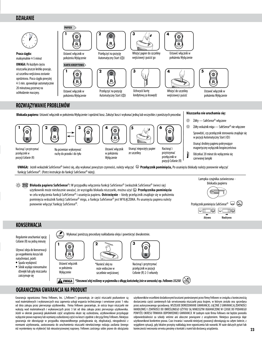 Fellowes DS-1 manual Działanie, Rozwiązywanie Problemów, Ograniczona Gwarancja NA Produkt 