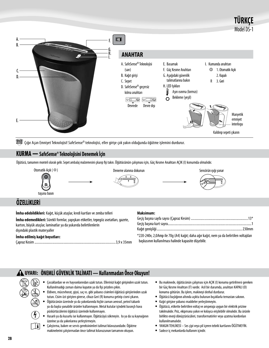 Fellowes DS-1 manual Özellİklerİ, İmha edilmiş kağıt boyutları 