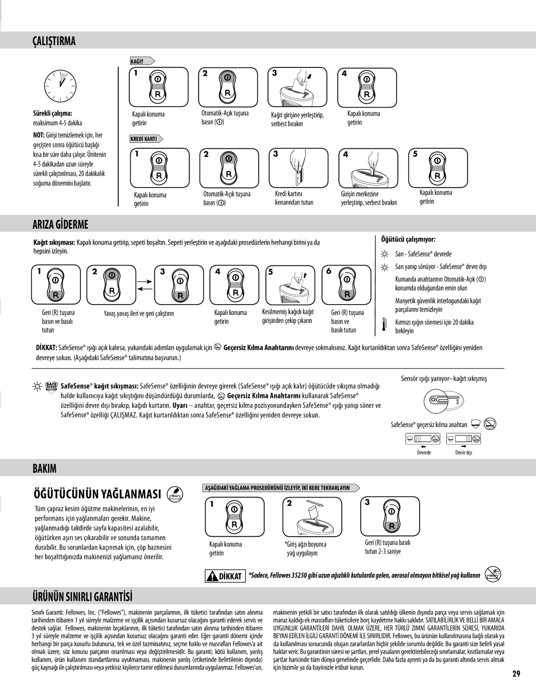 Fellowes DS-1 manual Çaliştirma, Ariza Gİderme, Bakim, Ürünün Sinirli Garantİsİ, Öğütücünün Yağlanmasi 