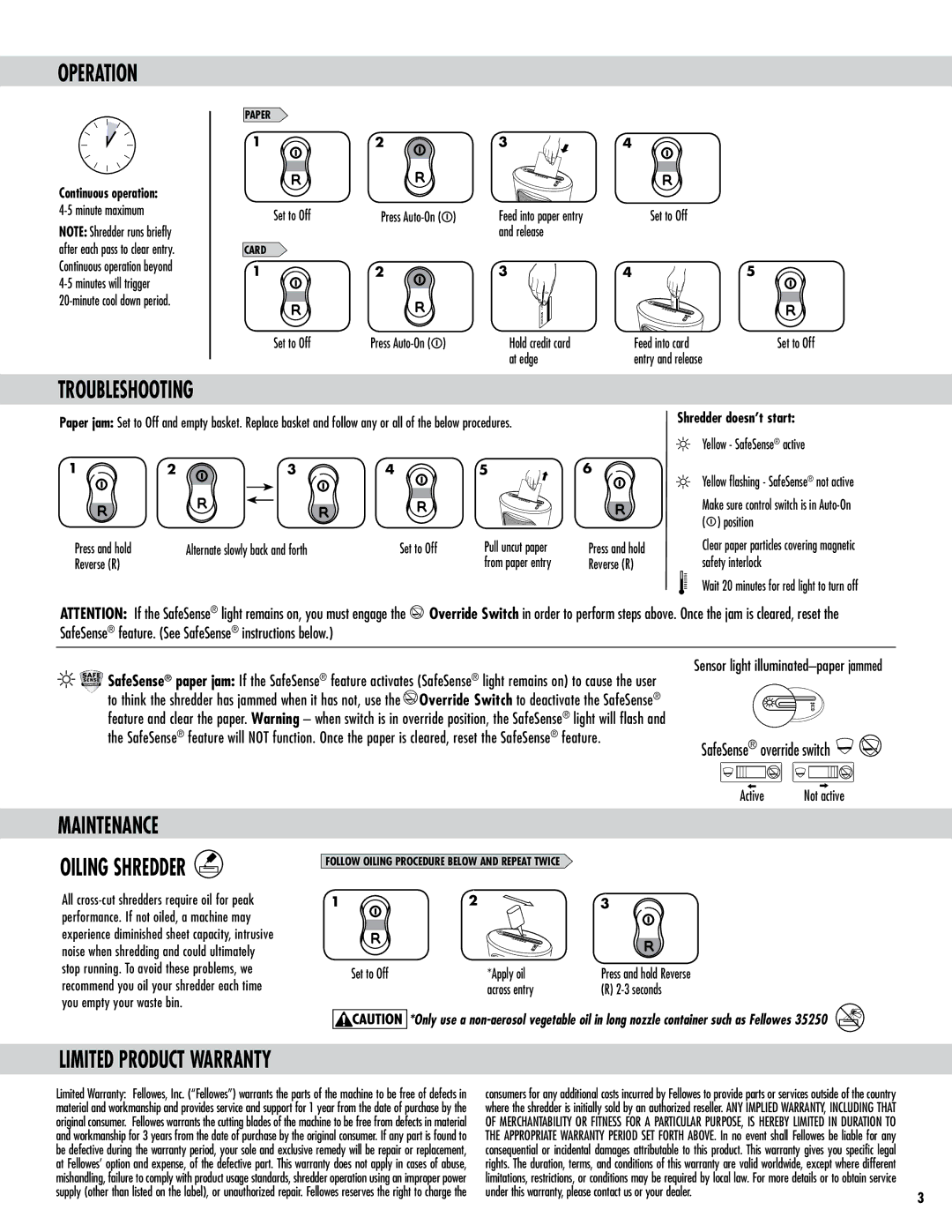 Fellowes DS-1 manual Operation, Troubleshooting, Maintenance Oiling Shredder, Limited Product Warranty, Active Not active 