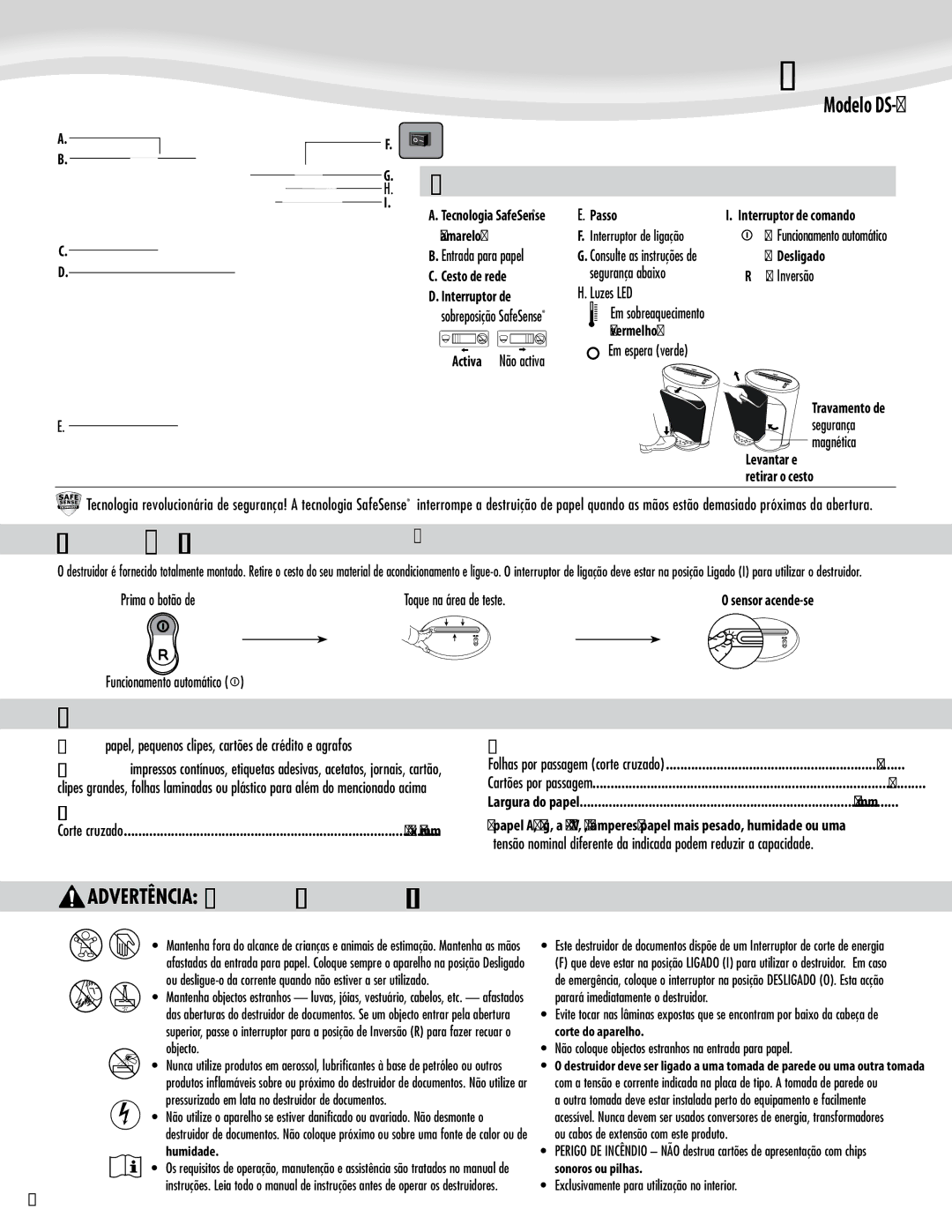 Fellowes DS-1 manual Tecla, Instalação Para testar a tecnologia SafeSense, Capacidades 