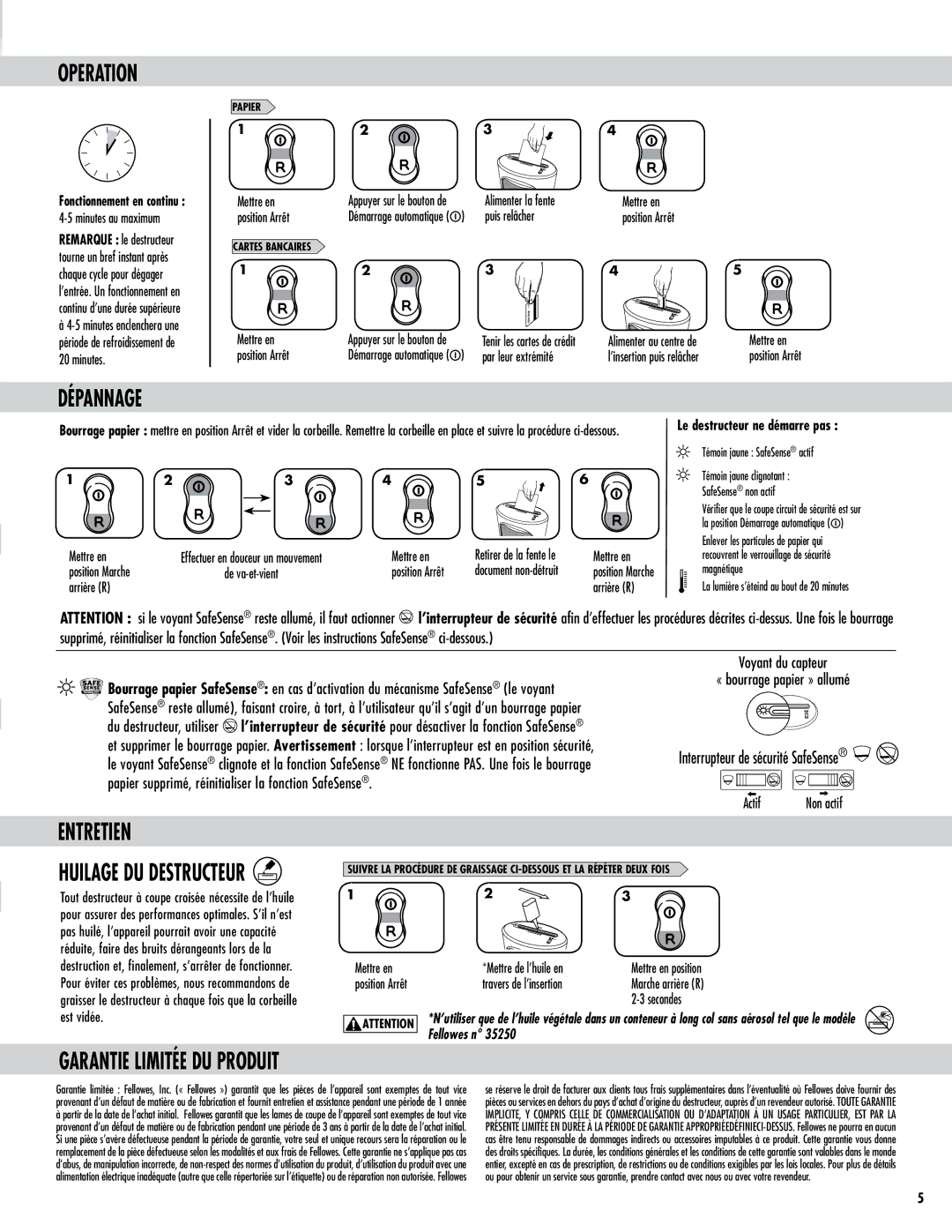 Fellowes DS-1 manual Dépannage, Entretien, Garantie Limitée DU Produit, Actif Non actif, Le destructeur ne démarre pas 