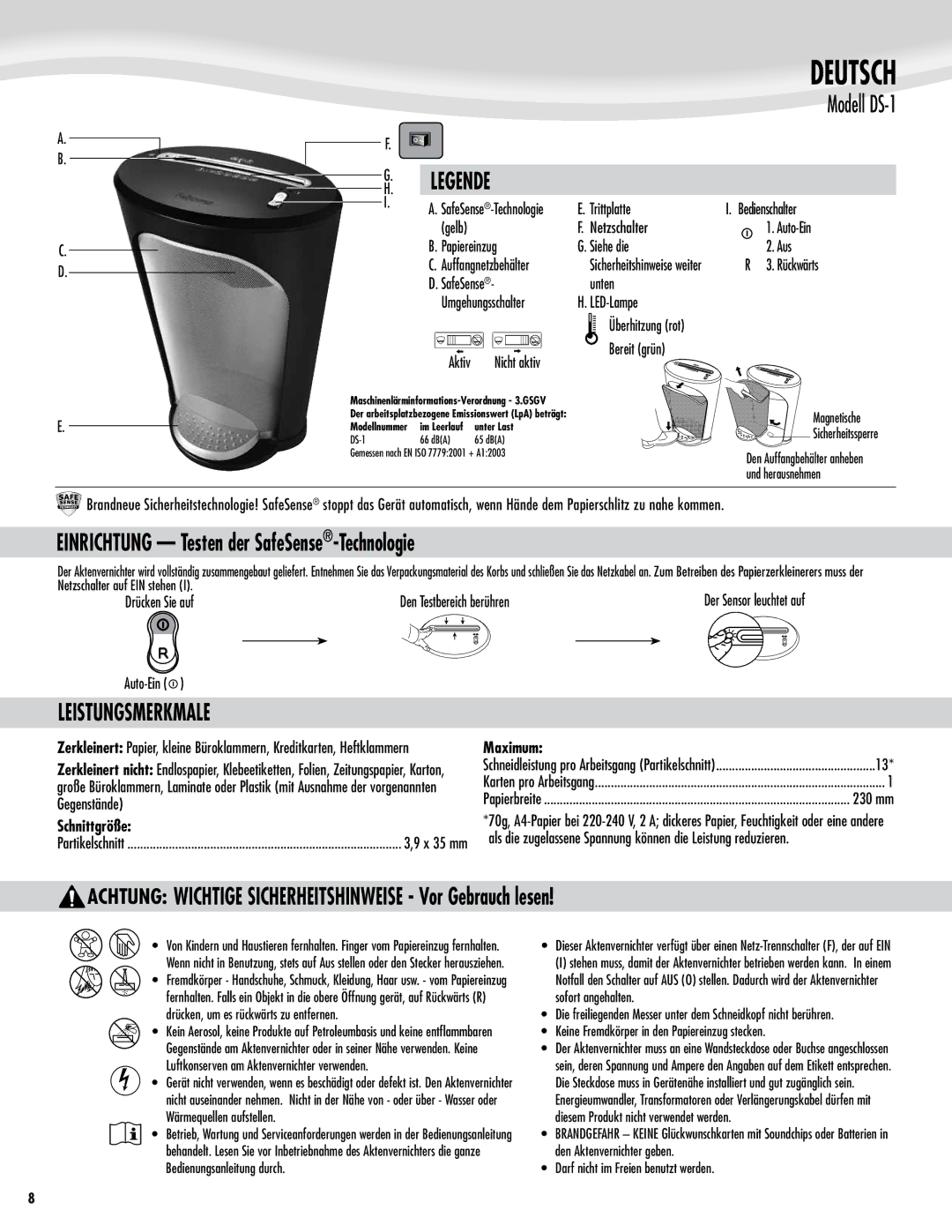 Fellowes DS-1 manual Einrichtung Testen der SafeSense-Technologie, Leistungsmerkmale, Schnittgröße 