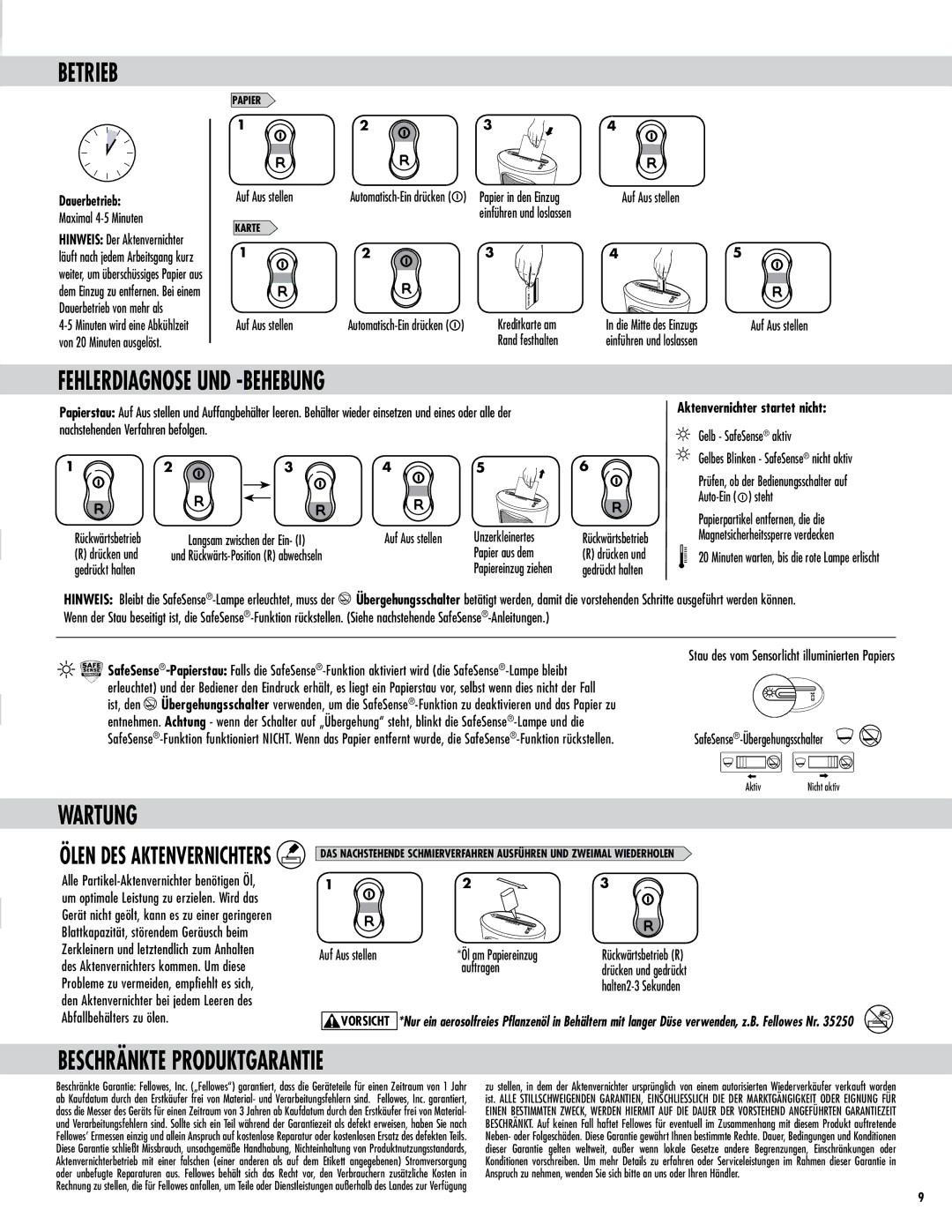 Fellowes DS-1 manual Beschränkte Produktgarantie, Dauerbetrieb, Aktenvernichter startet nicht 