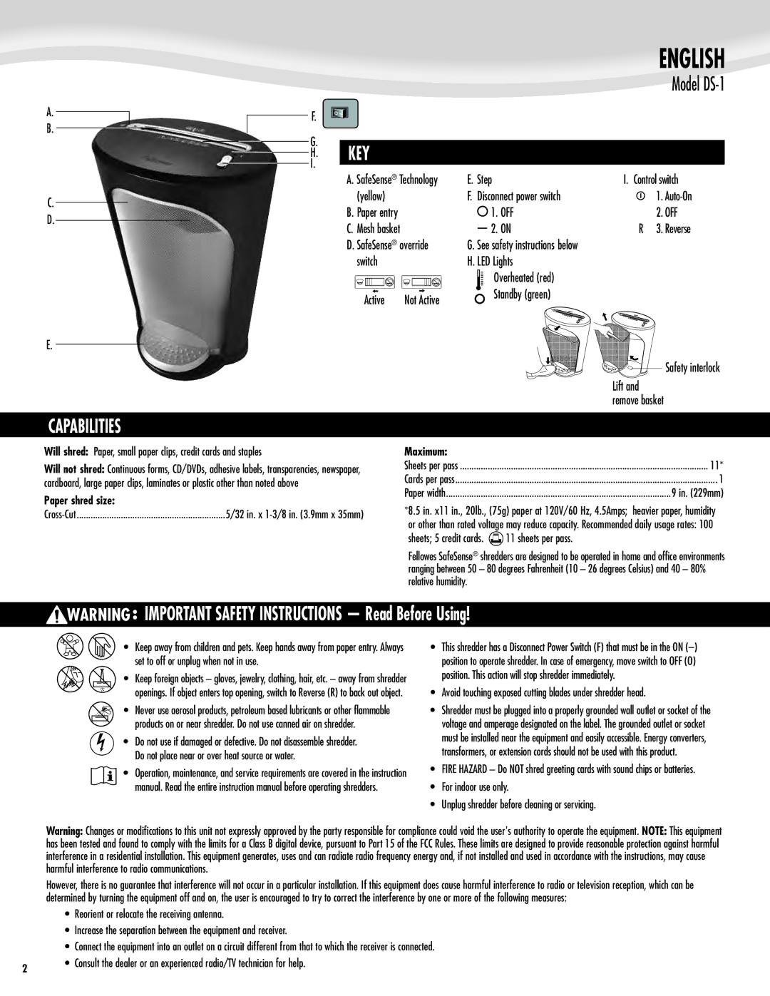 Fellowes DS-1 manual Key, Capabilities, Paper shred size, Maximum 