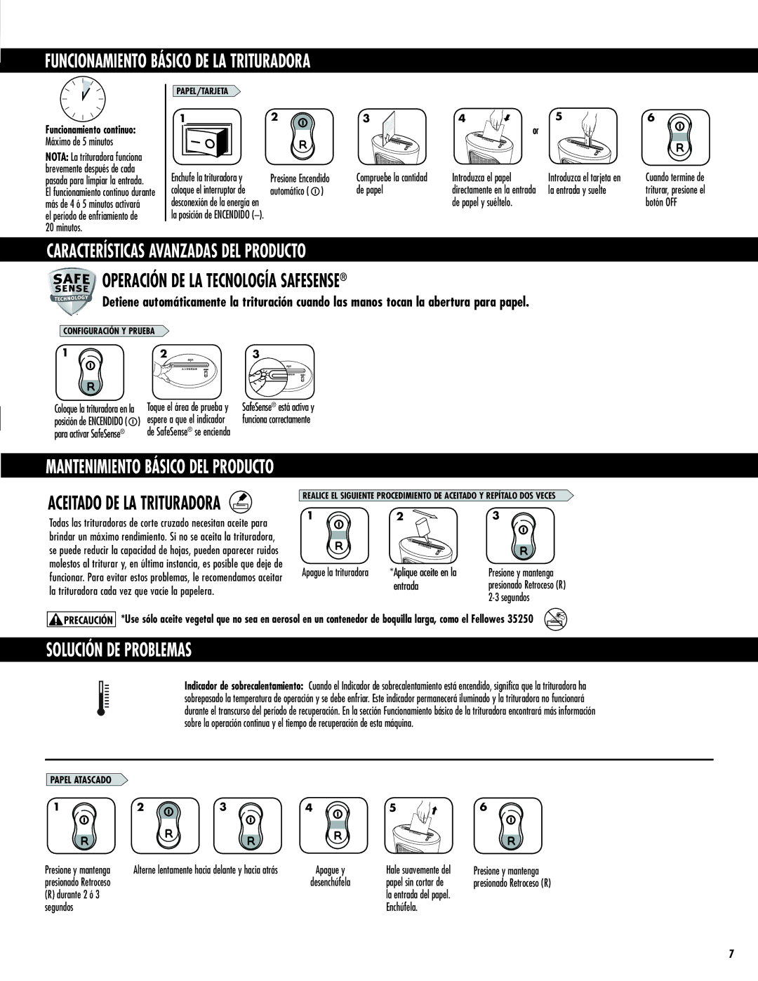 Fellowes DS-1 manual Funcionamiento Básico DE LA Trituradora, Características Avanzadas DEL Producto, Solución DE Problemas 