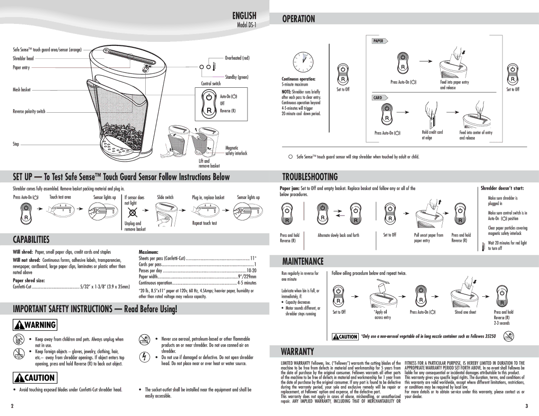 Fellowes DS-1 manual English, Operation, Troubleshooting, Capabilities, Warranty 