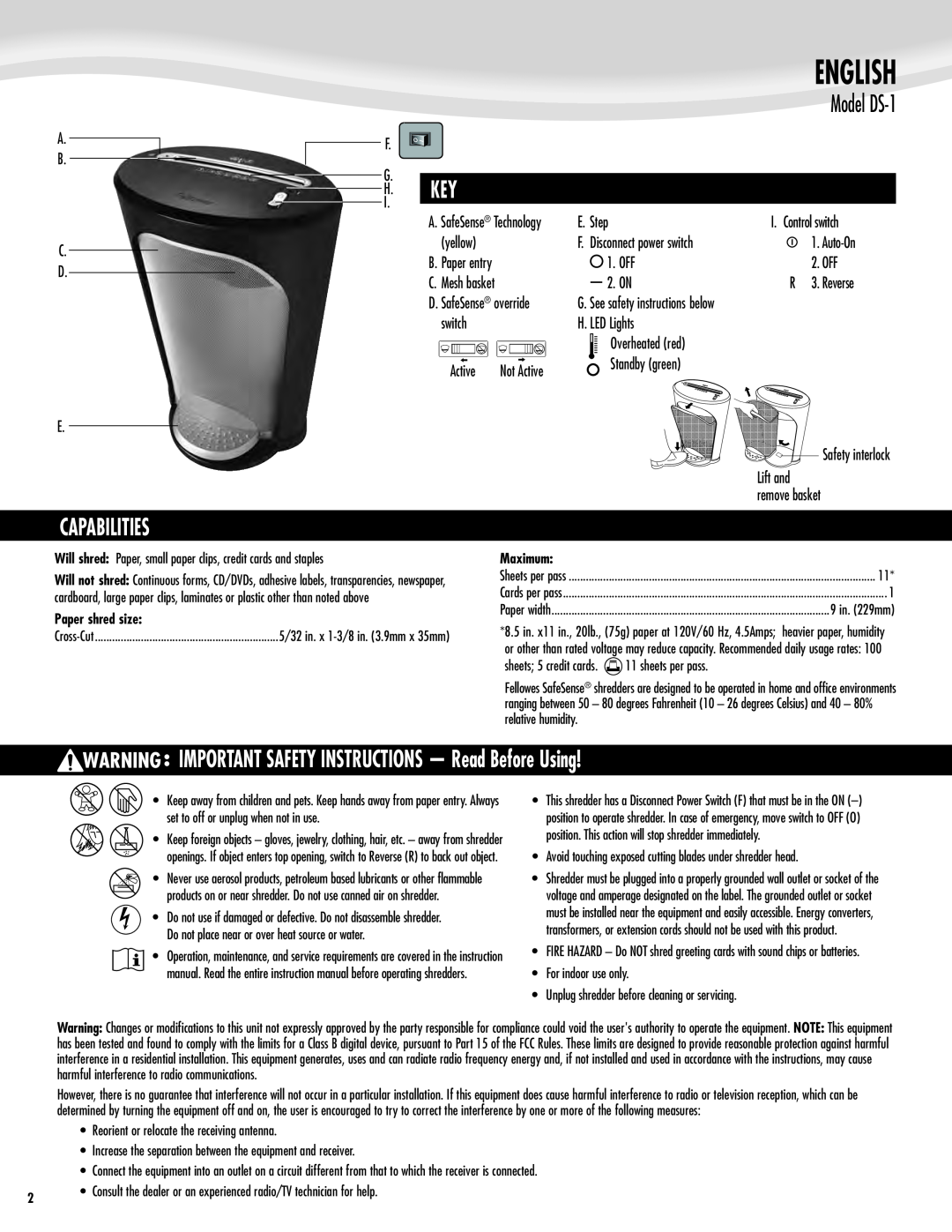 Fellowes manual Model DS-1, Capabilities, IMPORTANT SAFETY INSTRUCTIONS - Read Before Using, English 