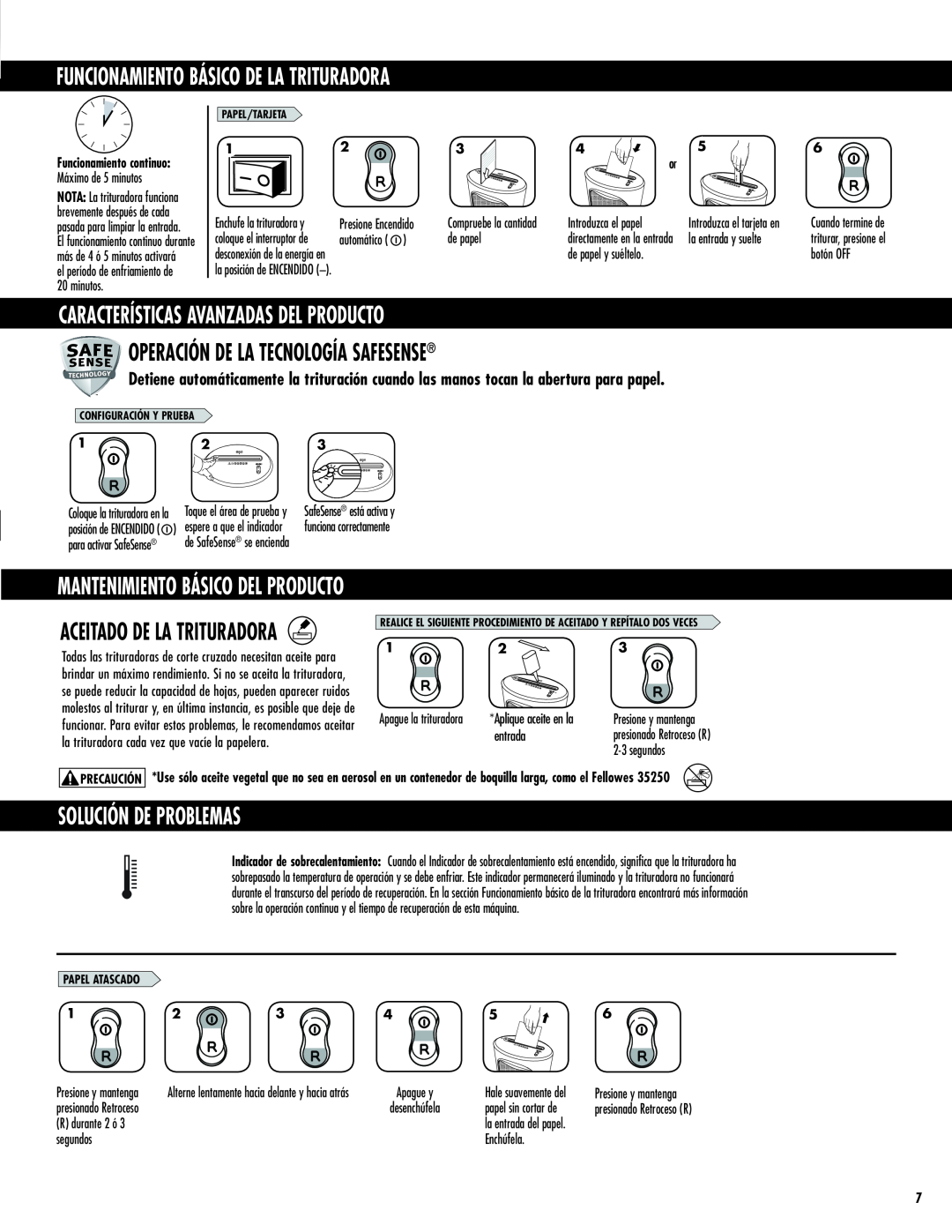 Fellowes DS-1 manual Funcionamiento Básico De La Trituradora, Características Avanzadas Del Producto, Solución De Problemas 