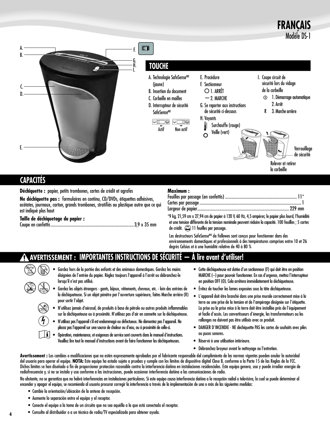 Fellowes manual Modèle DS-1, Capacités, Taille de déchiquetage du papier, Maximum, Français, Touche 