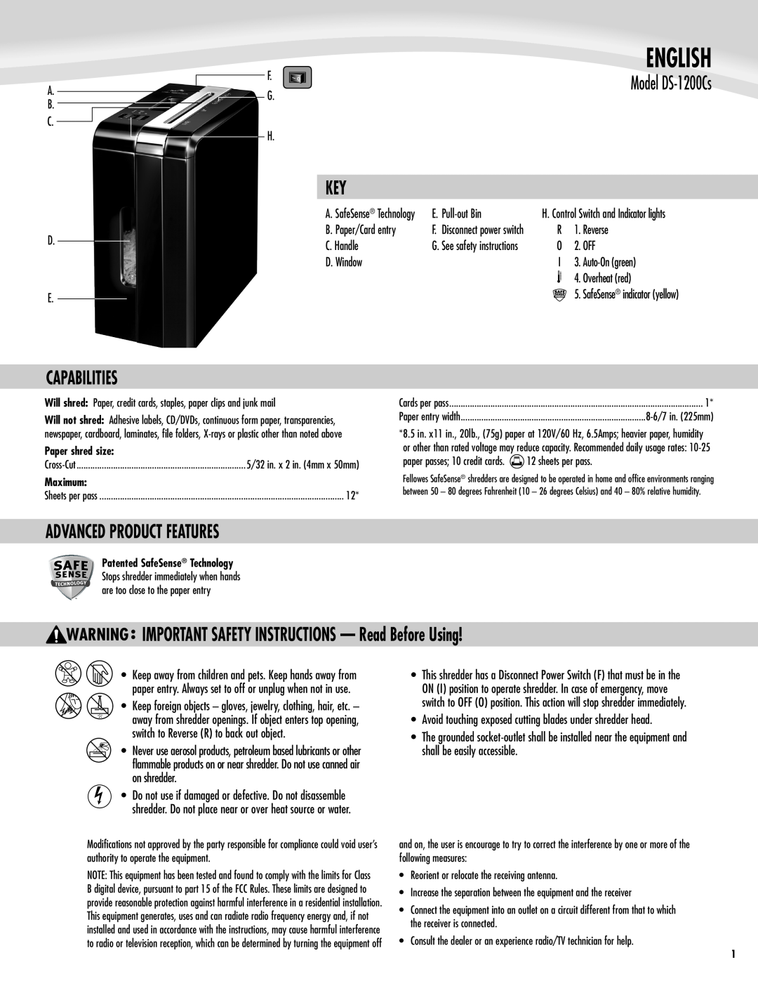 Fellowes DS-1200C Capabilities, Advanced Product Features, IMPORTANT SAFETY INSTRUCTIONS - Read Before Using, English 