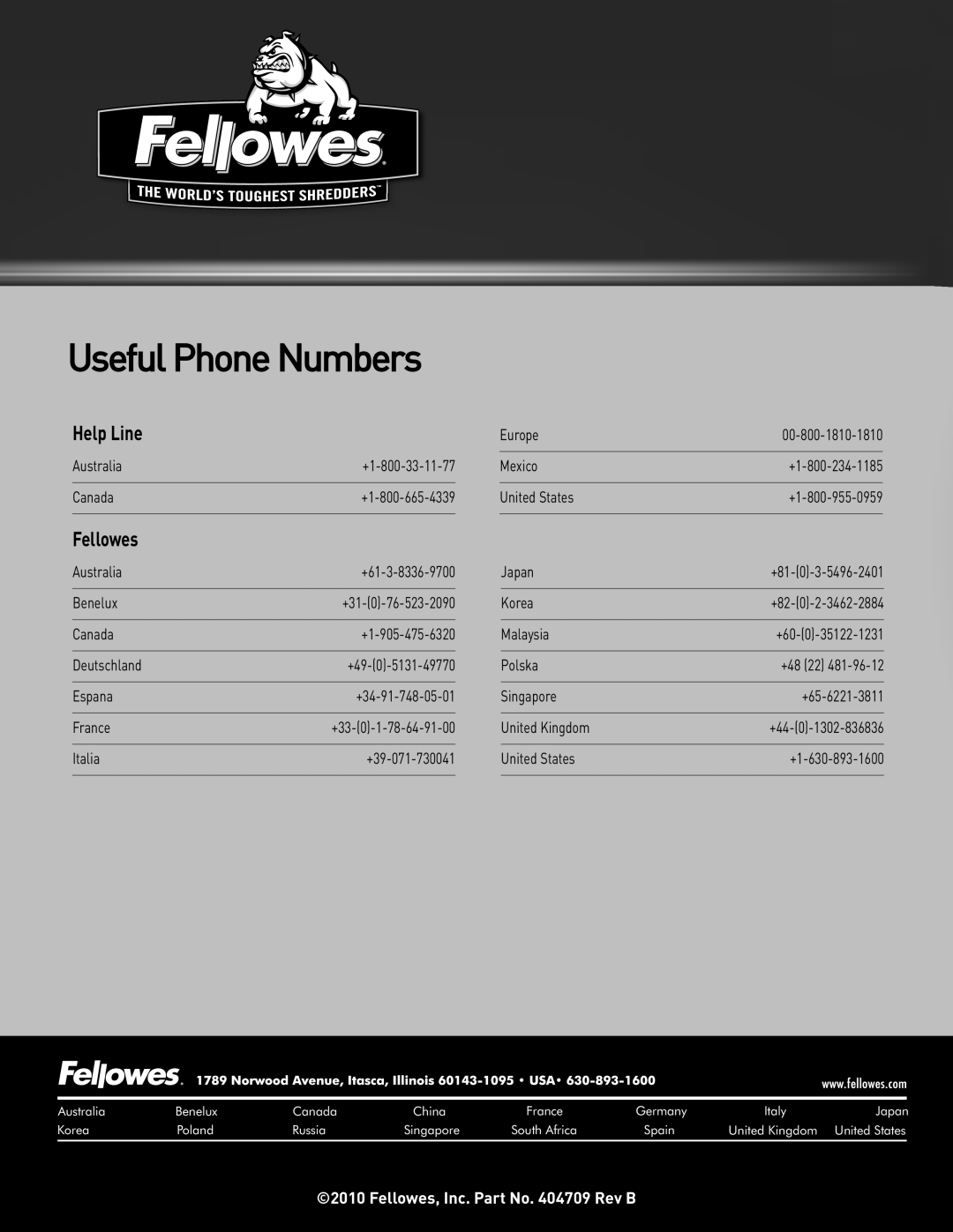 Fellowes DS-1200C manual Useful Phone Numbers, Help Line, Fellowes, Inc. Part No. 404709 Rev B 