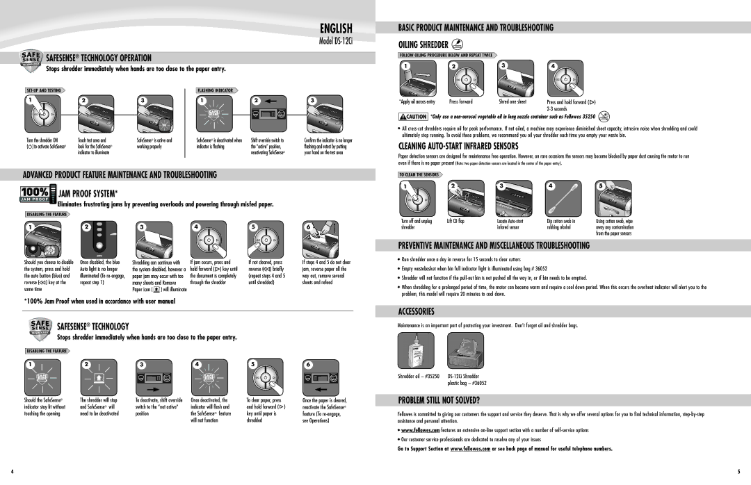 Fellowes DS-12Ci manual Safesense Technology Operation, Basic Product Maintenance and Troubleshooting, Accessories 