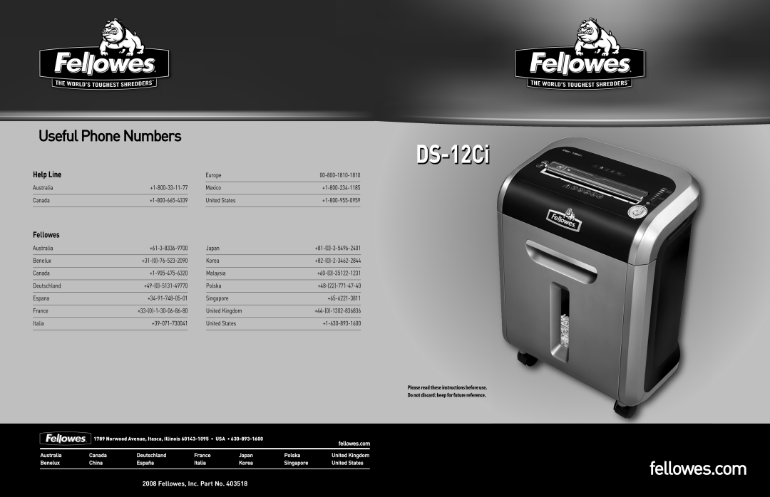 Fellowes DS-12Ci manual Please read these instructions before use, Do not discard keep for future reference, fellowes.com 